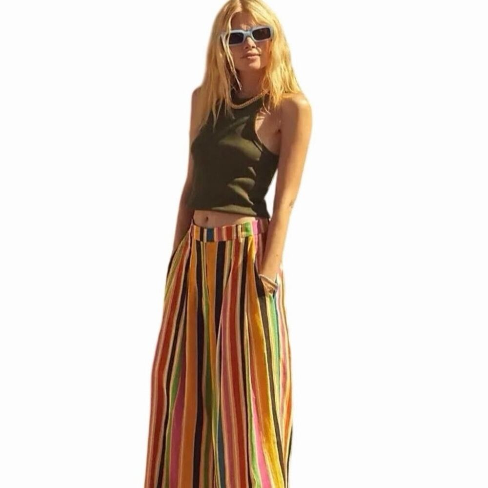 NWT Farm Rio x Anthropologie wide leg rainbow striped linen pant XL